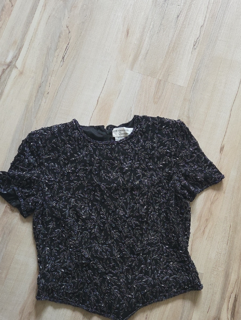 Adrianna Papell Black Short Sleeve Beaded Crop Top